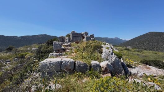 Ancient stone ruins surrounded by mountains and wild vegetation in Zarakas